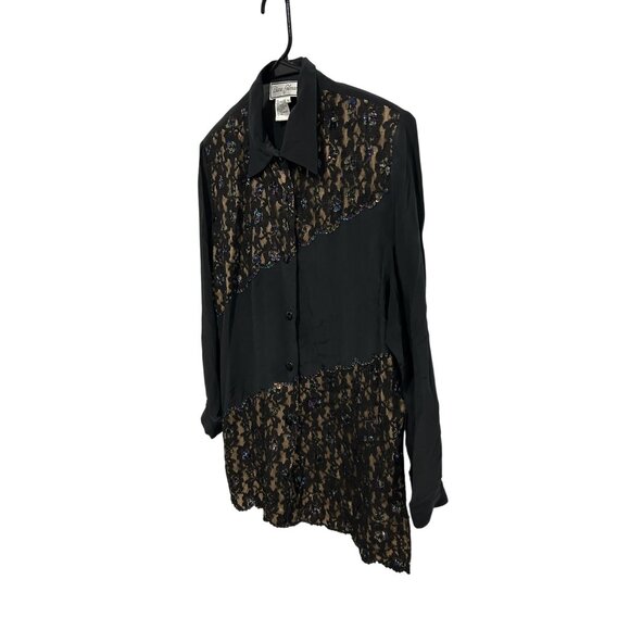 Diane Gilman Womens Black Gold Sequin Lace Silk Button-Up Shirt Sz Medium - Picture 3 of 9
